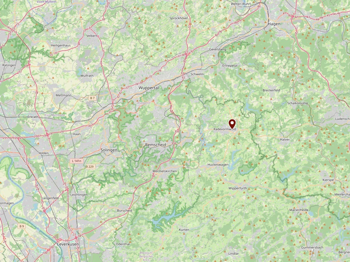 Kartenausschnitt Bergisches Land mit Standort Radevormwald und dem Einzugsgebiet von Wupperstahl